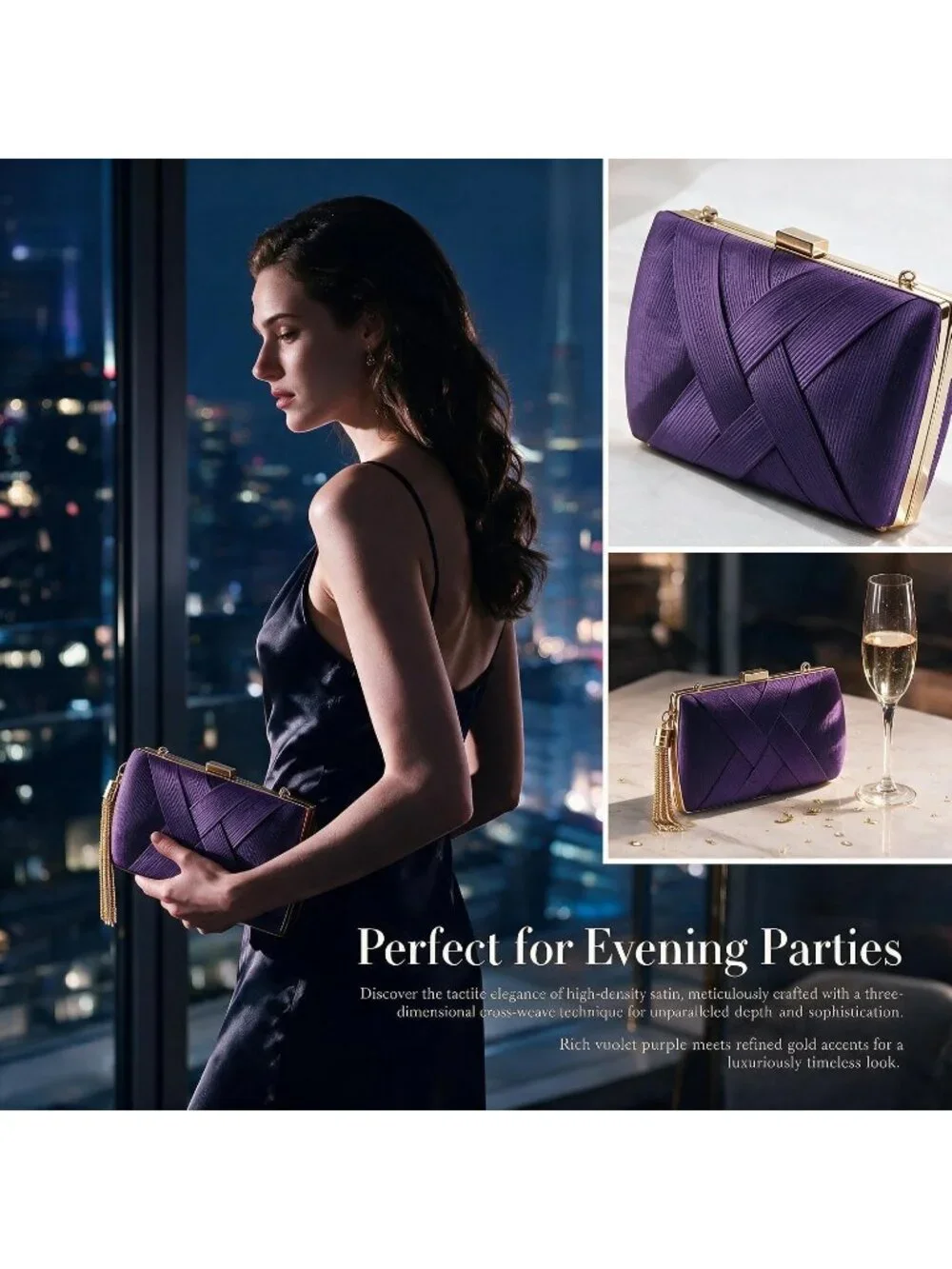 Women's Purple Silk Satin Clutch Purse Pearl Tassel With Chain Evening Bag
